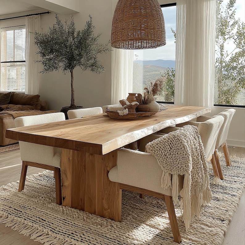 Pode incluir: Uma mesa de jantar de madeira clara com borda natural, rodeada por cadeiras estofadas creme. Um tapete tecido e uma lumin&aacute;ria pendente tecida contribuem para a est&eacute;tica natural da sala. Objetos decorativos est&atilde;o sobre a mesa.