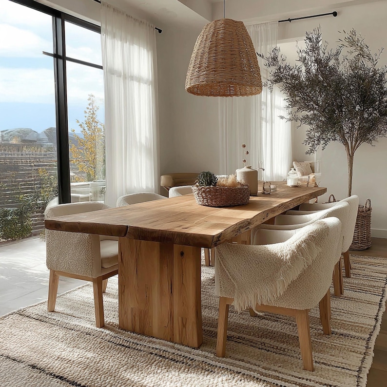 Pode incluir: Uma sala de jantar iluminada com uma grande mesa de madeira e cadeiras estofadas. Uma lumin&aacute;ria pendente tecida pende sobre a mesa. O quarto inclui um tapete estampado, cortinas transparentes e uma &aacute;rvore decorativa.