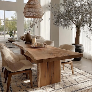 Pode incluir: Uma grande mesa de jantar de madeira natural com borda viva, sustentada por uma base de madeira espessa. A mesa &eacute; rodeada por cadeiras estofadas e assenta sobre um tapete estampado. Uma lumin&aacute;ria pendente tecida pende por cima.