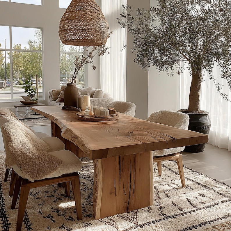 Pode incluir: Uma grande mesa de jantar de madeira natural com borda viva, sustentada por uma base de madeira espessa. A mesa &eacute; rodeada por cadeiras estofadas e assenta sobre um tapete estampado. Uma lumin&aacute;ria pendente tecida pende por cima.