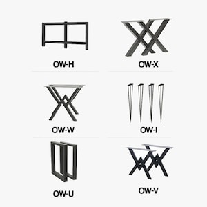 Op de afbeelding: Een verzameling zwarte metalen tafelpoten in diverse ontwerpen. Stijlen omvatten rechthoekige, X-vormige en haarspeldpoten. Elk ontwerp is gelabeld met een code: OW-H, OW-X, OW-W, OW-I, OW-U en OW-V. Geschikt voor doe-het-zelf meubelprojecten.