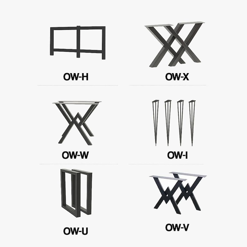 Op de afbeelding: Een verzameling zwarte metalen tafelpoten in diverse ontwerpen. Stijlen omvatten rechthoekige, X-vormige en haarspeldpoten. Elk ontwerp is gelabeld met een code: OW-H, OW-X, OW-W, OW-I, OW-U en OW-V. Geschikt voor doe-het-zelf meubelprojecten.