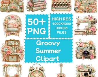 Clipart été groovy 50 + PNG, pastels hippies rétro, téléchargement numérique, usage Commercial