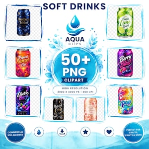 May include: A digital collection of 50+ PNG soft drink can clipart files labeled Aqua Clips. The set includes various colorful beverage can designs such as Blueberry Velvet, Fresh Lime Spark, Tropical Sunset Fizz, Berry Blast, Electric Berry, Midnight Cola, Peach Blossom, and Candy Pop. The image displays high resolution 4000 x 4000 px 300 DPI text.