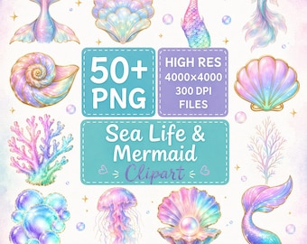 Watercolor Mermaid  & Sea Life Clipart 50+PNG, Digital Download, Commercial Use