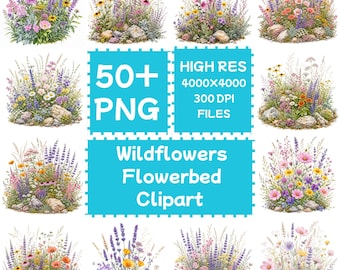 Clipart z motywem dzikich kwiatów na rabatce 50+PNG, do pobrania w wersji cyfrowej, do użytku komercyjnego