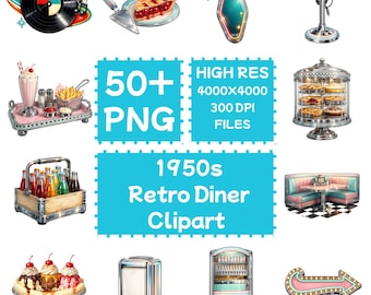 Clipart Diner rétro des années 1950 50 + PNG, téléchargement numérique, usage commercial
