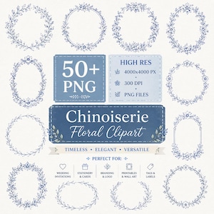 Puede incluir: Una colección de elementos de clipart floral azul, que incluye coronas y marcos, con el texto "Chinoiserie Floral Clipart". La imagen también incluye texto que indica que el conjunto contiene más de 50 archivos PNG de alta resolución y es perfecto para invitaciones de boda, papelería, etc.