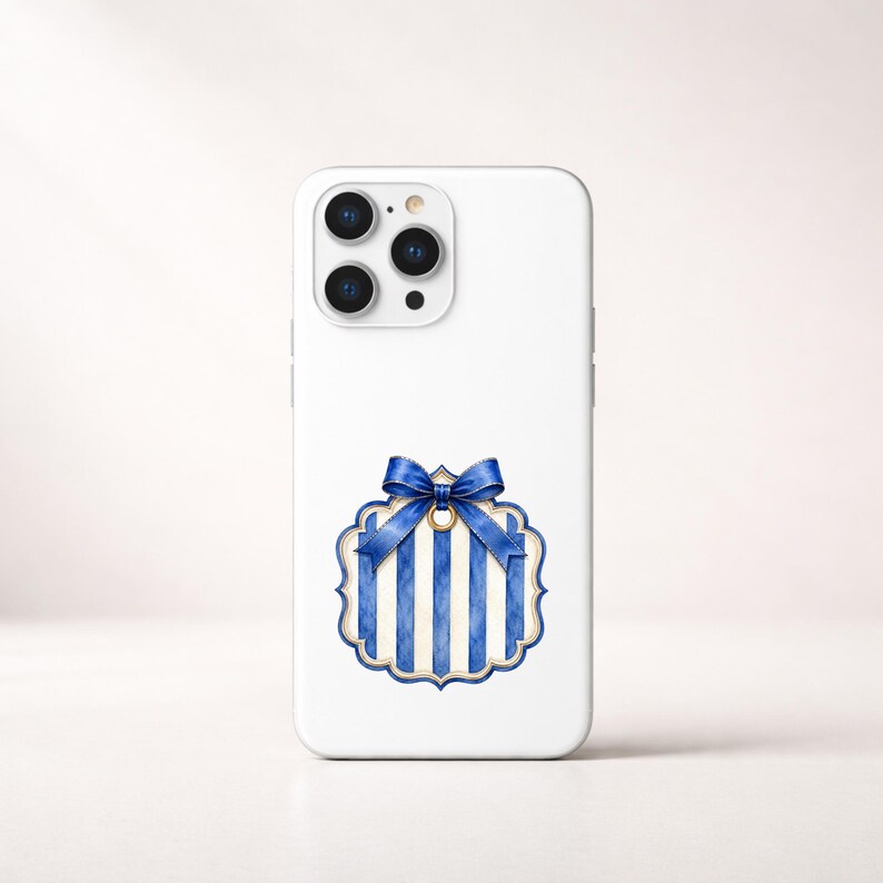 May include: A white smartphone case featuring a central graphic of a scalloped-edge tag with vertical blue and cream stripes. The tag is adorned with a blue ribbon bow tied at the top, complete with a gold-coloured metal eyelet detail.