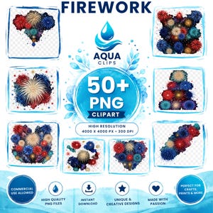 Könnte beinhalten: Eine digitale Sammlung von über 50 hochauflösenden PNG-Clipart-Dateien mit Feuerwerk im Aquarellstil in Rot, Blau und Gold. Die Anzeige enthält verschiedene Feuerwerksanordnungen, den Text FIREWORK, AQUA CLIPS und 50+ PNG CLIPART.