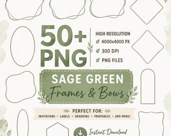 Watercolor Sage Green Bow And Frame 50+PNG, Digital Download, Commercial Use