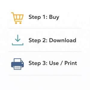 May include: A three-step instructional graphic featuring icons and text. Step 1: Buy with a yellow shopping cart icon. Step 2: Download with a teal downward arrow icon. Step 3: Use / Print with a dark blue printer icon. The text is in black.