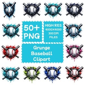 Puede incluir: Una colección de imágenes prediseñadas de béisbol con una pelota centrada sobre un escudo y dos bates cruzados, rodeada de salpicaduras de pintura de colores. El texto dice 50+ PNG, HIGH RES 4000x4000 300 DPI FILES y Grunge Baseball Clipart.