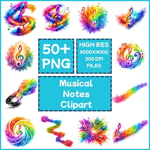 May include: A collection of colorful musical note clip art images. The designs feature treble clefs and musical notes in vibrant rainbow hues. Text on the image reads "50+ PNG", "HIGH RES 4000x4000 300 DPI FILES", and "Musical Notes Clipart".