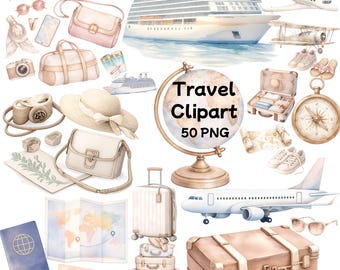 Paquete de 50 imágenes prediseñadas de viajes en acuarela, equipaje de viaje, imágenes prediseñadas de viajes por países, descarga digital, uso comercial