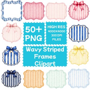 May include: A collection of digital frames featuring wavy edges and vertical stripes in various colours including blue, pink, yellow, orange, and green. Some frames include decorative bows. Text reads 50+ PNG HIGH RES 4000x4000 300 DPI FILES Wavy Striped Frames Clipart.
