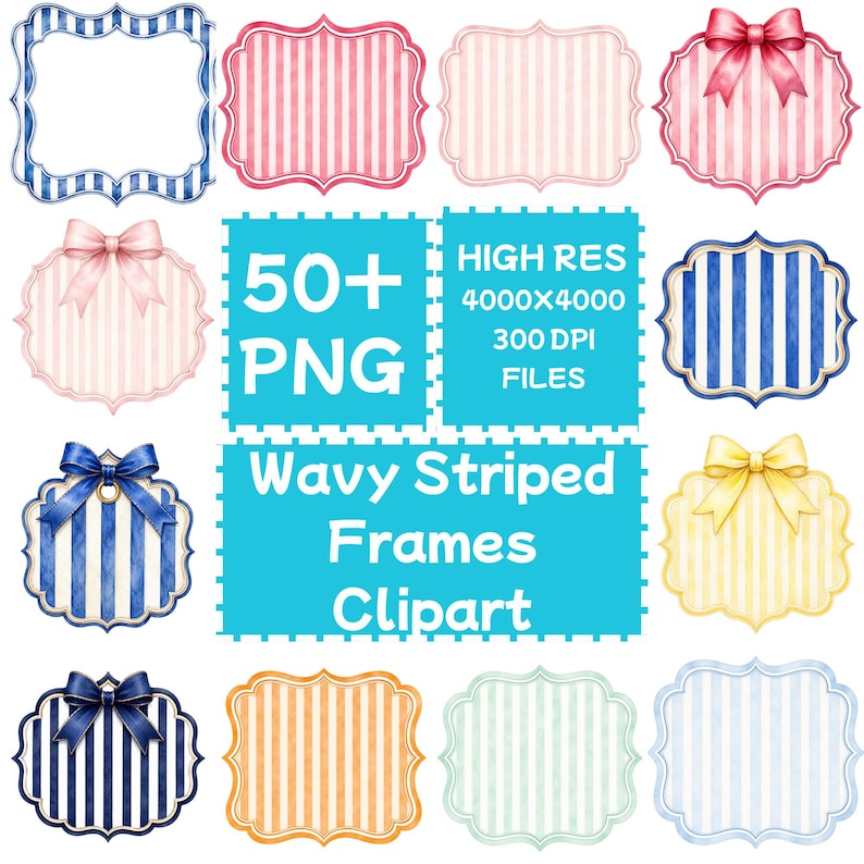 May include: A collection of digital frames featuring wavy edges and vertical stripes in various colours including blue, pink, yellow, orange, and green. Some frames include decorative bows. Text reads 50+ PNG HIGH RES 4000x4000 300 DPI FILES Wavy Striped Frames Clipart.