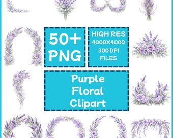 Purple Floral Watercolorl Clip Art 50+PNG, Lilac Hydrangea, Digital Download, Commercial Use