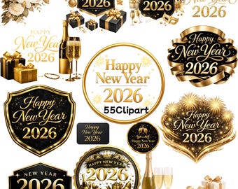 May include: A collection of gold and black New Year's themed graphics. Includes gift boxes, champagne bottles, glasses, and decorative text elements with the text "Happy New Year 2026".