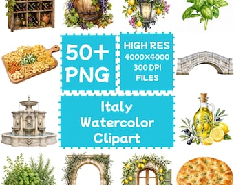 Włochy Akwarele Clipart50+PNG, Pobieranie cyfrowe, Użytek komercyjny