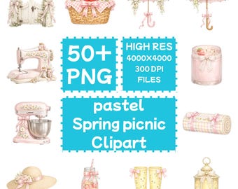 pastel Spring picnic Clipart 50+PNG, Digital Download, Commercial Use