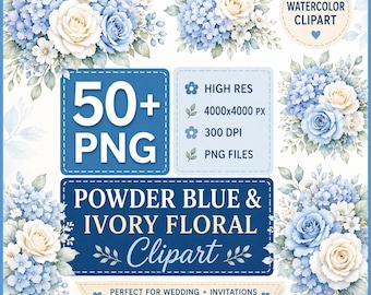 Watercolor Dusty Blue Flowers Botanical 50+PNG, Digital Download, Commercial Use
