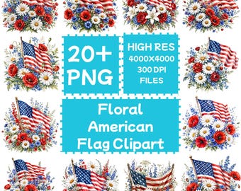 Floral American Flag Clipart 20+PNG, Patriotic daisy Flowers, Digital Downloade, Commercial Use