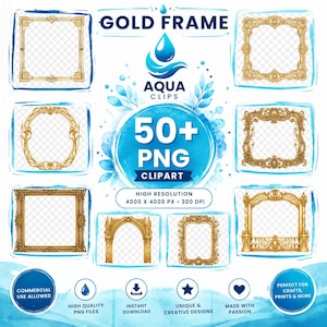 Könnte beinhalten: Eine digitale Sammlung von über 50 goldenen Rahmen-PNG-Clipart-Dateien mit verschiedenen verzierten, rechteckigen, ovalen und bogenförmigen Designs. Die Grafik enthält den Text GOLD FRAME, AQUA CLIPS, 50+ PNG CLIPART, HIGH RESOLUTION 4000 X 4000 PX 300 DPI.