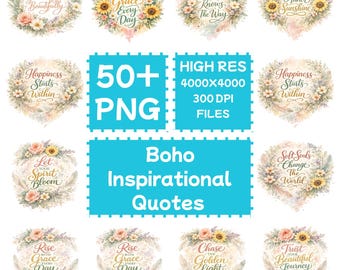 Pakiet inspirujących cytatów boho w formacie PNG, neutralna grafika ścienna (do pobrania cyfrowego)
