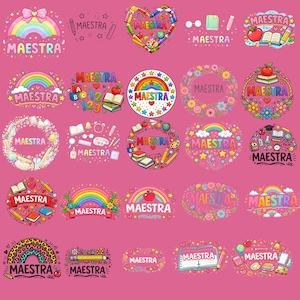 Puede incluir: Una colección de diseños gráficos rosas con la palabra "MAESTRA" en varios estilos. Los diseños incluyen arcoíris, corazones, manzanas, libros, lápices y elementos florales, perfectos para productos con temática de profesores.