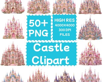 Clipart z akwarelowym zamkiem 50+PNG, bajkowe zamki urodzinowe księżniczki, pobieranie cyfrowe, wykorzystanie komercyjne