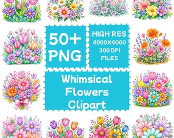 Fantazyjne kwiaty Clipart 50+PNG, Pobieranie cyfrowe, Użytek komercyjny