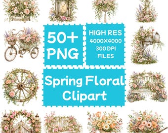 Watercolor Spring Floral Clipart 50+PNG, Digital Download, Commercial Use