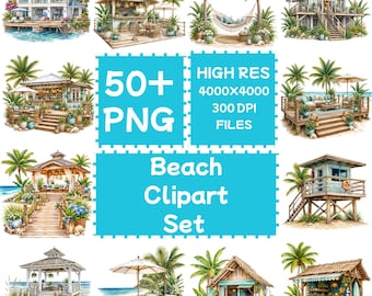 Beach Clipart Set 50+PNG, Beachs house, Digital Download, Commercial Use