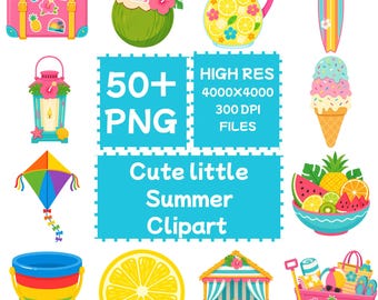 Pakiet letnich clipartów, ponad 50 grafik PNG, do użytku komercyjnego (pobranie cyfrowe)