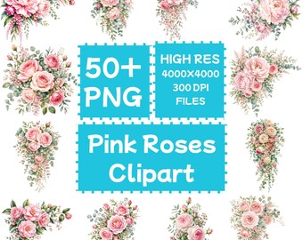 Watercolor Pink Roses Clipart 50+PNG, Wedding Rose, Digital Download, Commercial