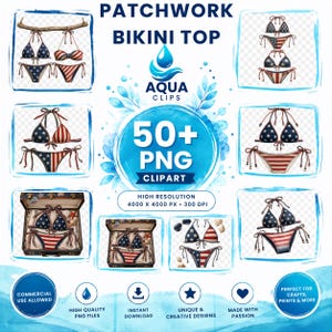Puede incluir: Una colección digital de conjuntos de bikini patchwork con patrones de bandera estadounidense, estrellas y rayas. El set incluye más de 50 archivos clipart PNG, algunos en maletas vintage, con el texto PATCHWORK BIKINI TOP.