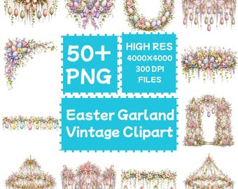 Easter garland Vintage Clipart 50+PNG, Eggs Decorations, Digital Download, Commercial Use