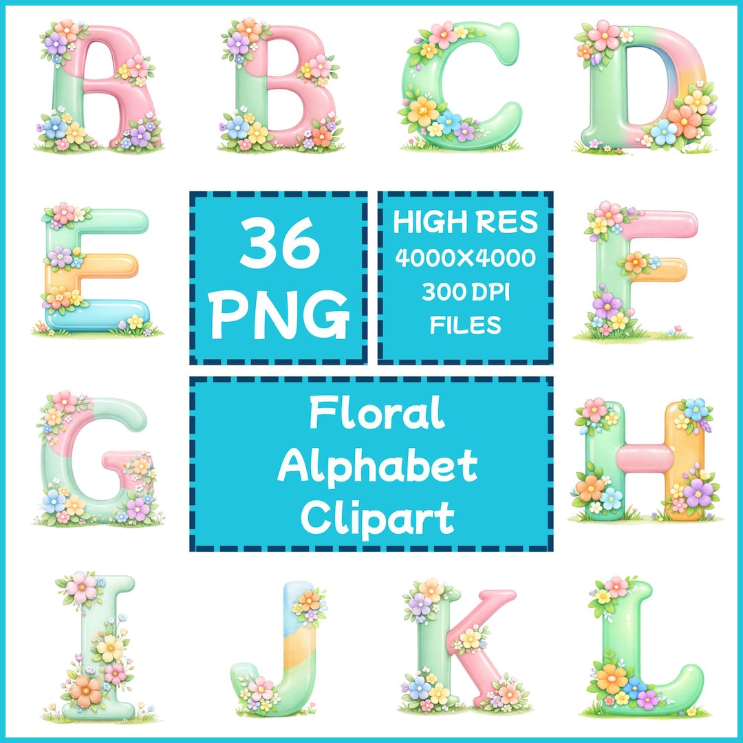 Floral Alphabet Clipart Bundle, 36 PNG Decorative Letters (digital ...
