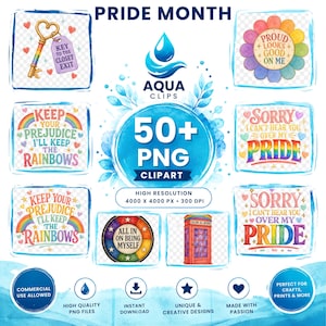 Peut inclure: Une collection numérique de plus de 50 fichiers clipart PNG sur le thème du mois des fiertés, avec des illustrations colorées de clés, d'arcs-en-ciel, de fleurs et de cabines téléphoniques avec des textes comme Keep Your Prejudice I'll Keep The Rainbows.