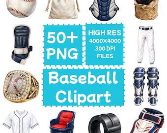 野球のクリップアート50点以上（PNG形式）、スポーツ用昇華プリント、デジタルダウンロード、商用利用可