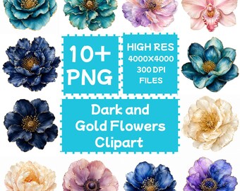 ダーク＆ゴールドの花の水彩クリップアート10点以上（PNG形式）、デジタルダウンロード、商用利用可
