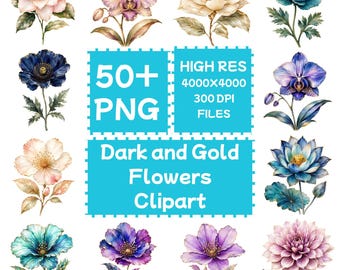 ダーク＆ゴールドの花の水彩クリップアート50点以上（PNG形式）、デジタルダウンロード、商用利用可能