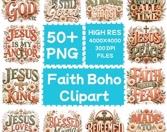 Clipart Boho Fede 50+PNG, Boho Floreale Cristiano, Download Digitale, Uso Commerciale