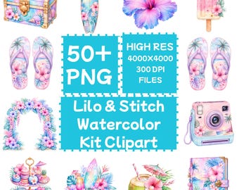 Lilo & Stitch Watercolor Kit Clipart 50+PNG, Digital Download, Commercial Use