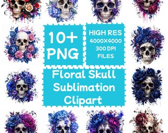 Floral Skull Sublimation Clipart 10+PNG, Digital Download, Commercial Use