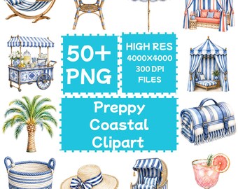 Preppy Coastal Clipart Watercolor Summer 50+PNG, Pobieranie cyfrowe, Użytek komercyjny