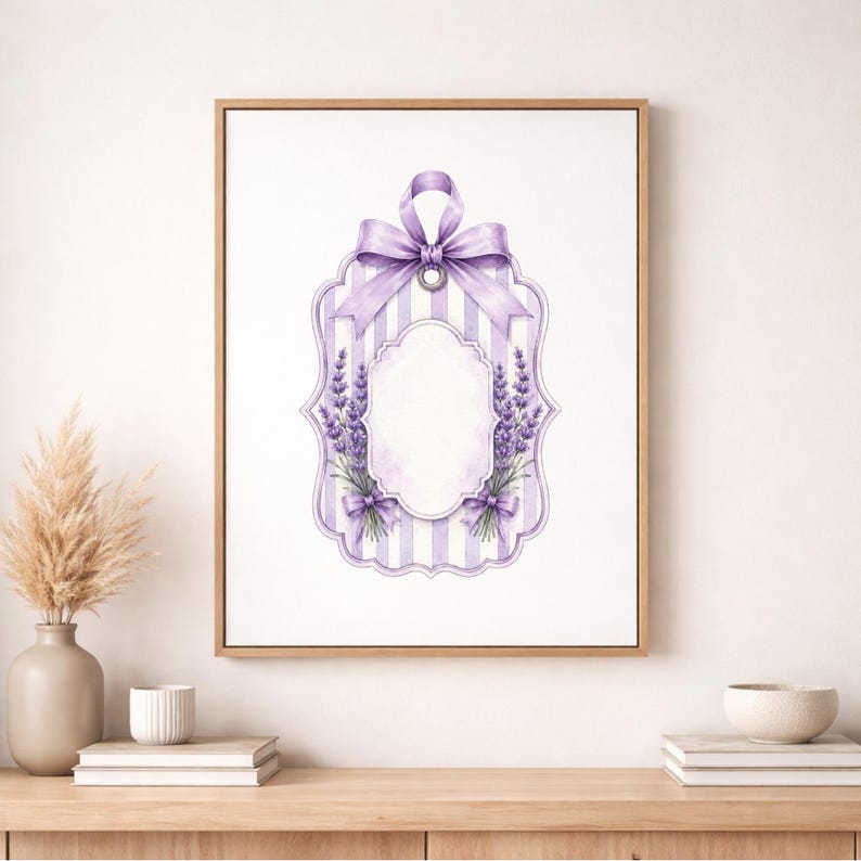 May include: A framed wall art print featuring a decorative tag with a light purple and white vertical striped background, adorned with lavender sprigs, small purple bows, and a large purple ribbon bow at the top, surrounding a central blank space.