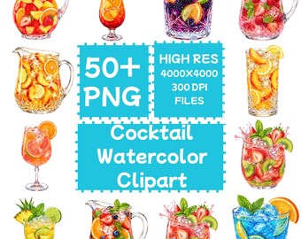 Clipart akwarelowy koktajl 50+PNG, pobieranie cyfrowe, do użytku komercyjnego