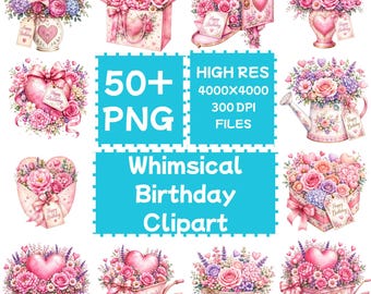 Whimsical Birthday_Clipart 50+PNG, Pobieranie cyfrowe, Użytek komercyjny